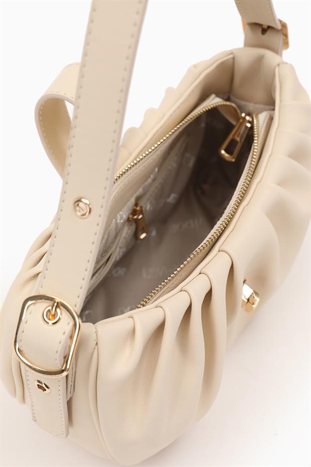 Krem Pile Büzgülü Omuz Çantası