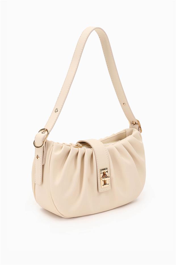 Krem Pile Büzgülü Omuz Çantası