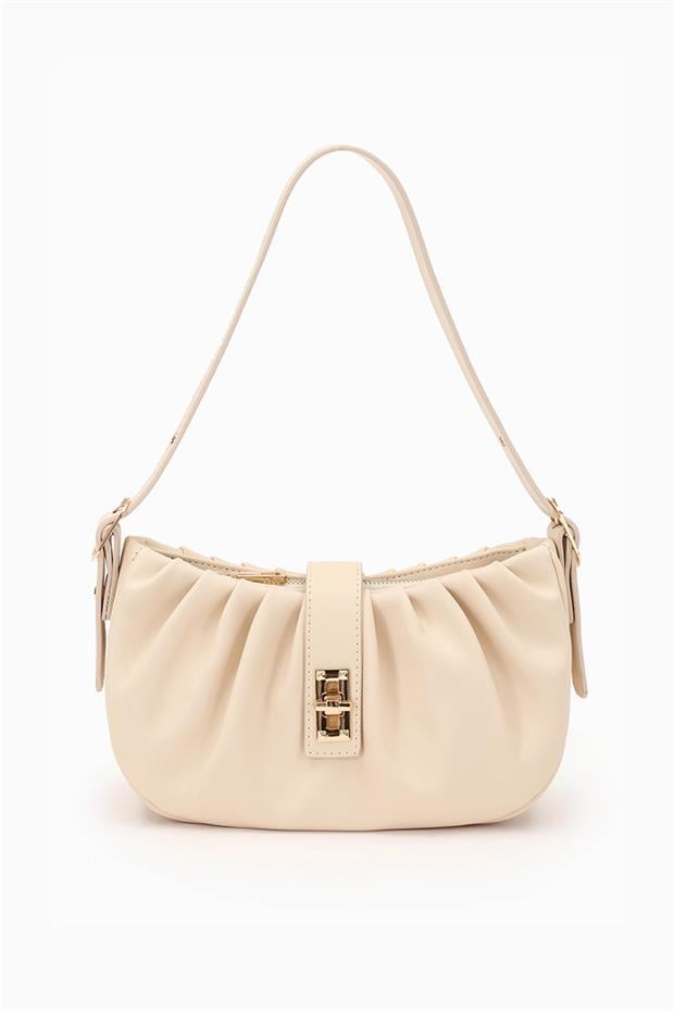 Krem Pile Büzgülü Omuz Çantası