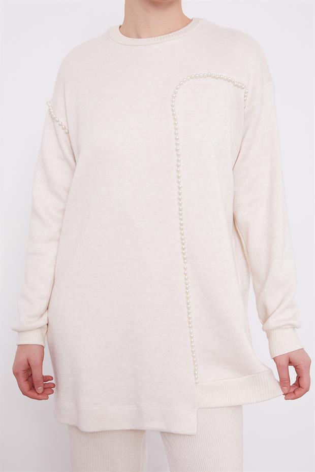 Krem Şerit İncili Kaşmir İkili Takım