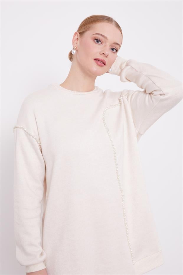 Krem Şerit İncili Kaşmir İkili Takım