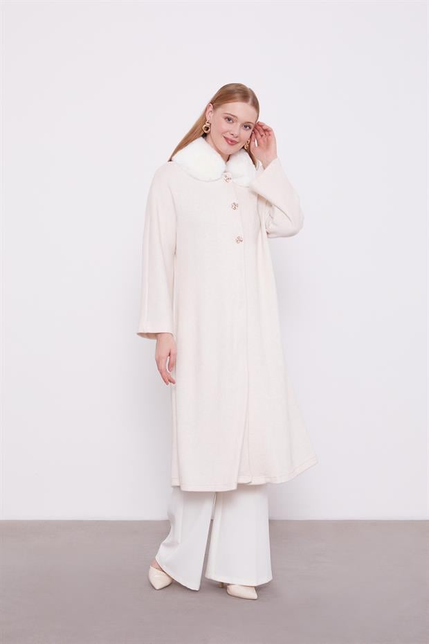 Krem Yakası Kürklü Kaşmir Hırka