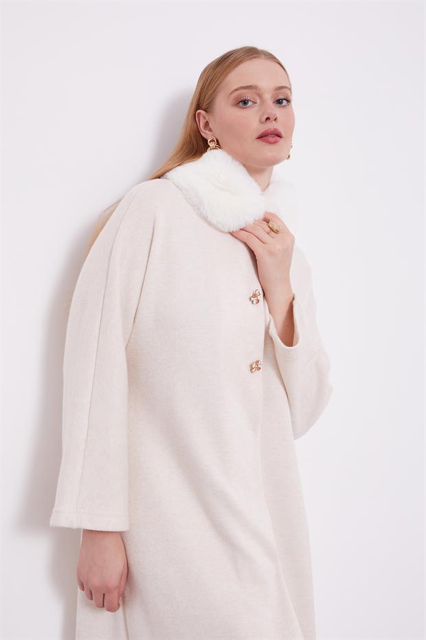 Krem Yakası Kürklü Kaşmir Hırka