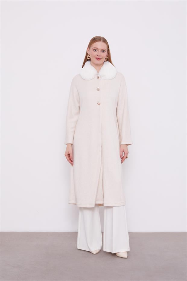 Krem Yakası Kürklü Kaşmir Hırka