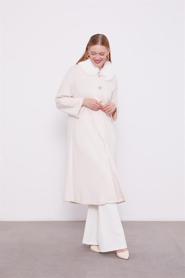 Krem Yakası Kürklü Kaşmir Hırka