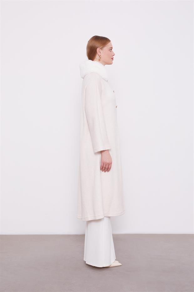 Krem Yakası Kürklü Kaşmir Hırka