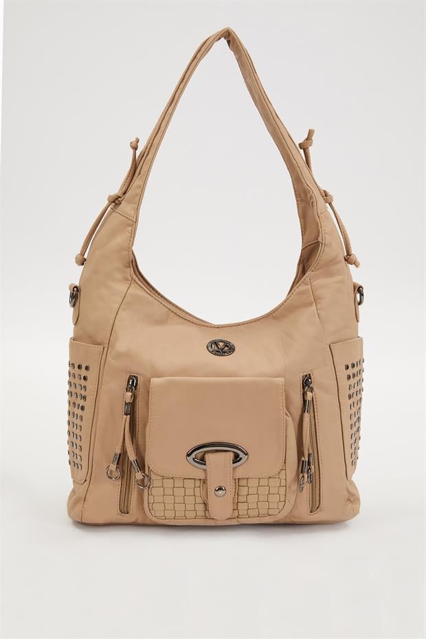 Krem Yanları Zımbalı Omuz Çantası