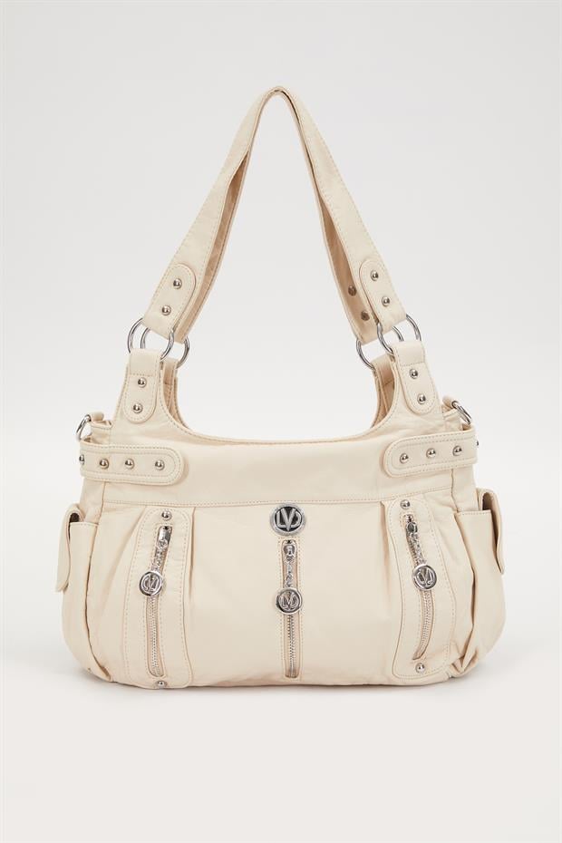 Krem Zımba Detaylı Omuz Çantası