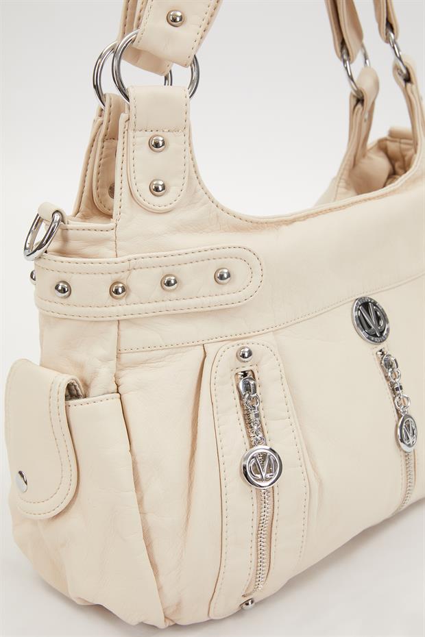 Krem Zımba Detaylı Omuz Çantası