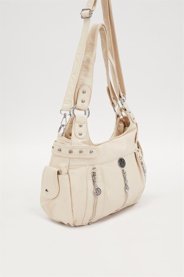 Krem Zımba Detaylı Omuz Çantası