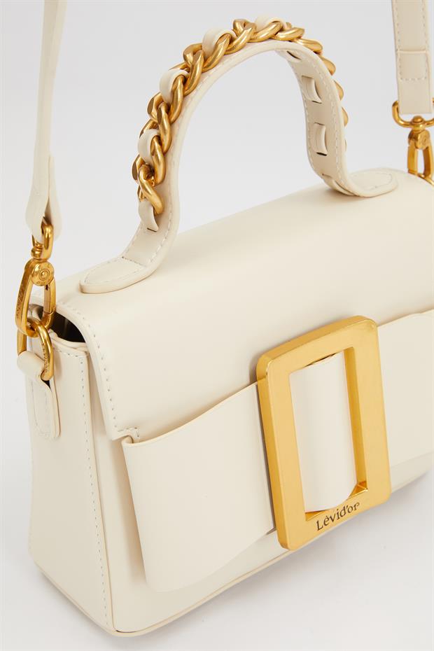 Krem Zincir İşlemeli El Çantası