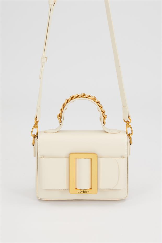 Krem Zincir İşlemeli El Çantası