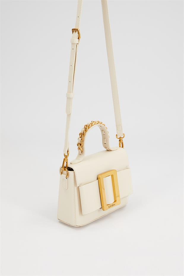 Krem Zincir İşlemeli El Çantası