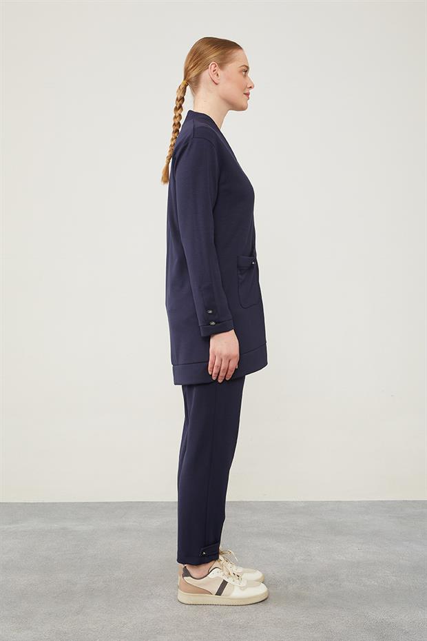 Lacivert - Lacivert Ribanası Düğme Detaylı Hırkalı Takım