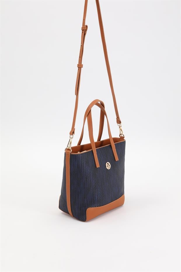 Lacivert - Camel Hasır Desen El Çantası