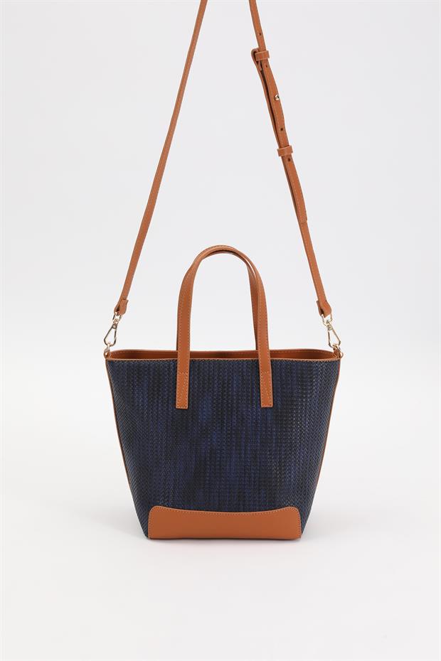 Lacivert - Camel Hasır Desen El Çantası