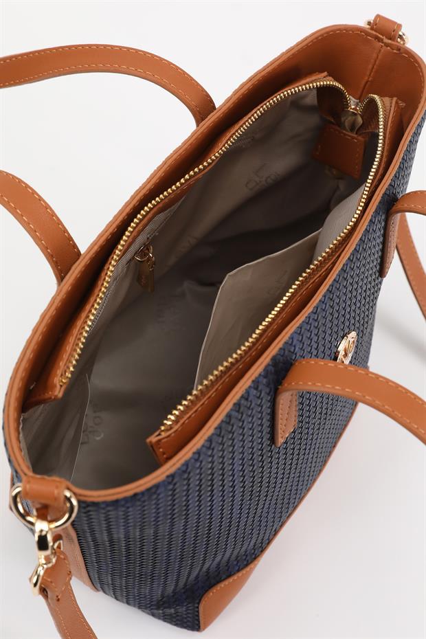 Lacivert - Camel Hasır Desen El Çantası