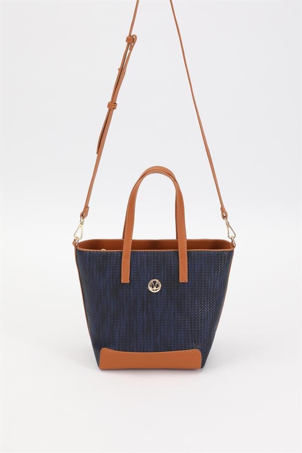 Lacivert - Camel Hasır Desen El Çantası
