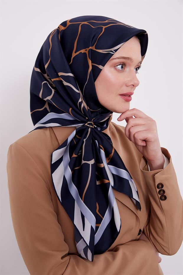 Lacivert Dalga Desen Twill İpek Eşarp