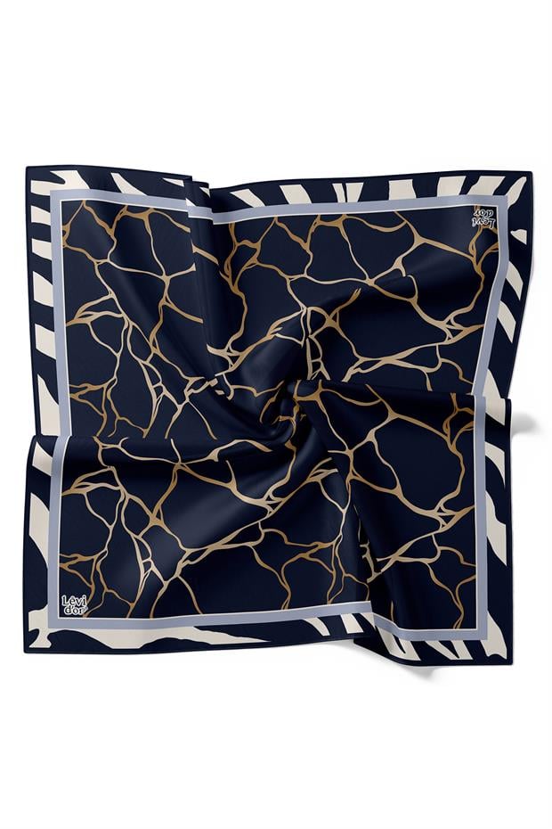 Lacivert Dalga Desen Twill İpek Eşarp