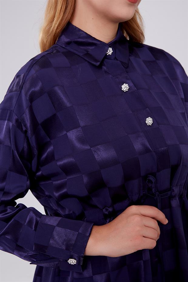 Lacivert Dama Desen Jakalı İkili Takım