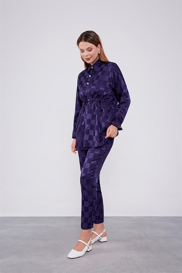 Lacivert Dama Desen Jakalı İkili Takım