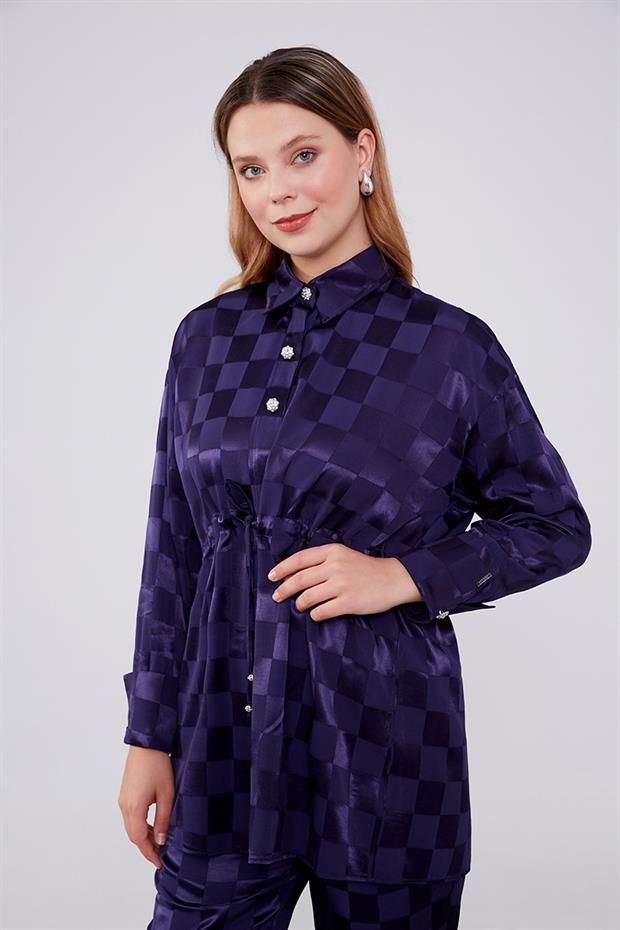 Lacivert Dama Desen Jakalı İkili Takım