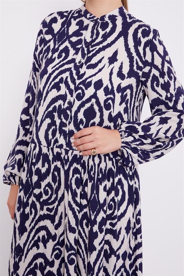 Lacivert Etnik Desen Volanlı Elbise
