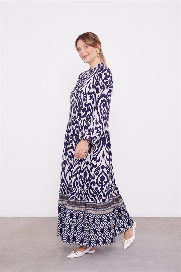 Lacivert Etnik Desen Volanlı Elbise