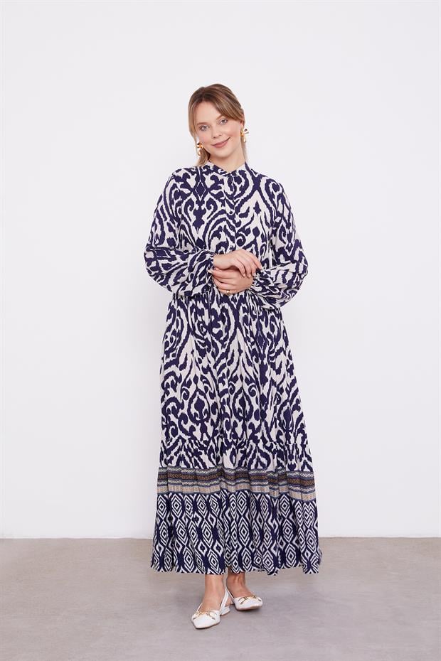 Lacivert Etnik Desen Volanlı Elbise