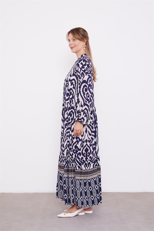 Lacivert Etnik Desen Volanlı Elbise