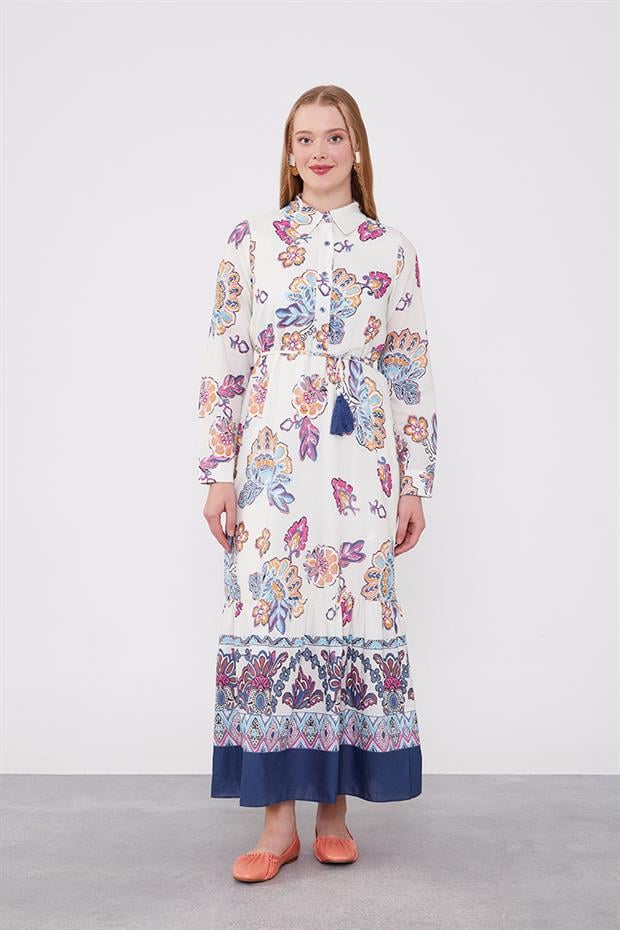 Lacivert Gömlek Yaka Beli İp Detaylı Elbise