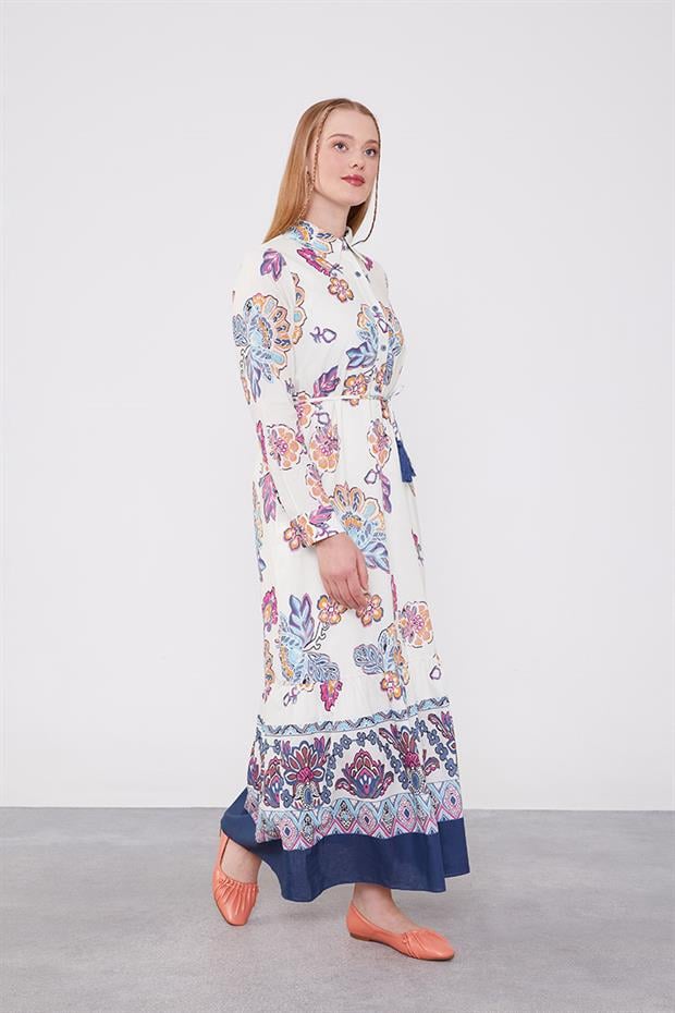 Lacivert Gömlek Yaka Beli İp Detaylı Elbise