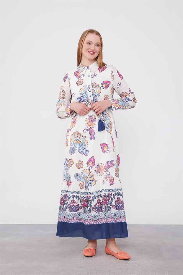 Lacivert Gömlek Yaka Beli İp Detaylı Elbise