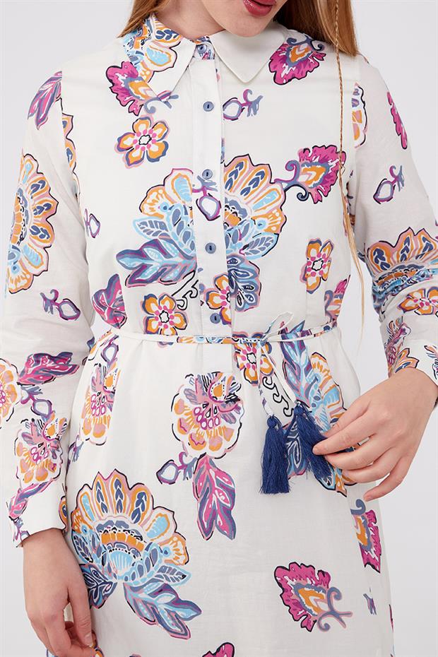 Lacivert Gömlek Yaka Beli İp Detaylı Elbise