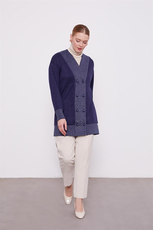 Lacivert İnci Düğmeli Kaşmir Hırka