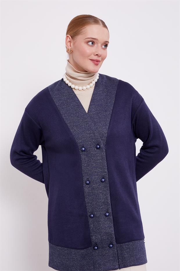 Lacivert İnci Düğmeli Kaşmir Hırka