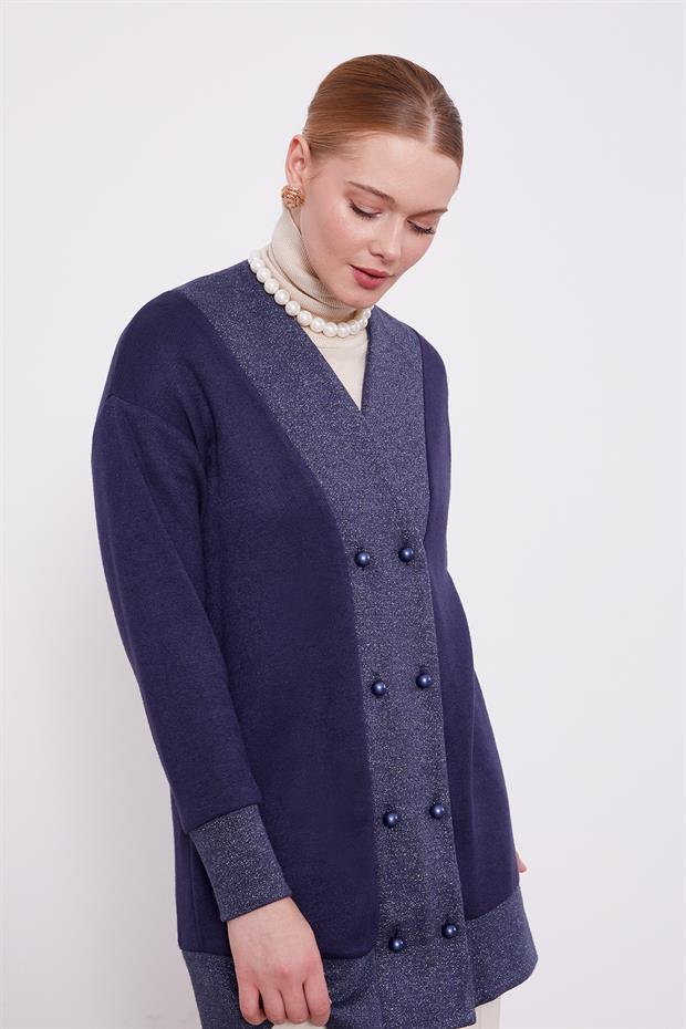 Lacivert İnci Düğmeli Kaşmir Hırka