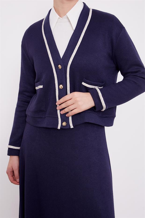 Lacivert İnci Şeritli Etekli Takım