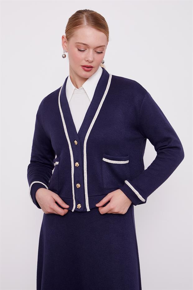 Lacivert İnci Şeritli Etekli Takım