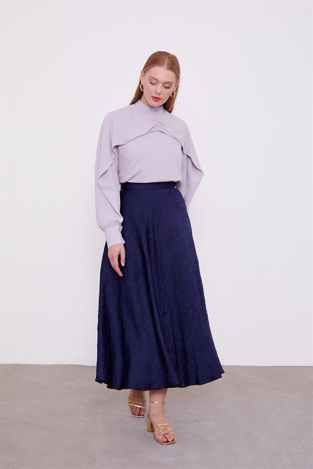 Lacivert Kraş Saten Etek