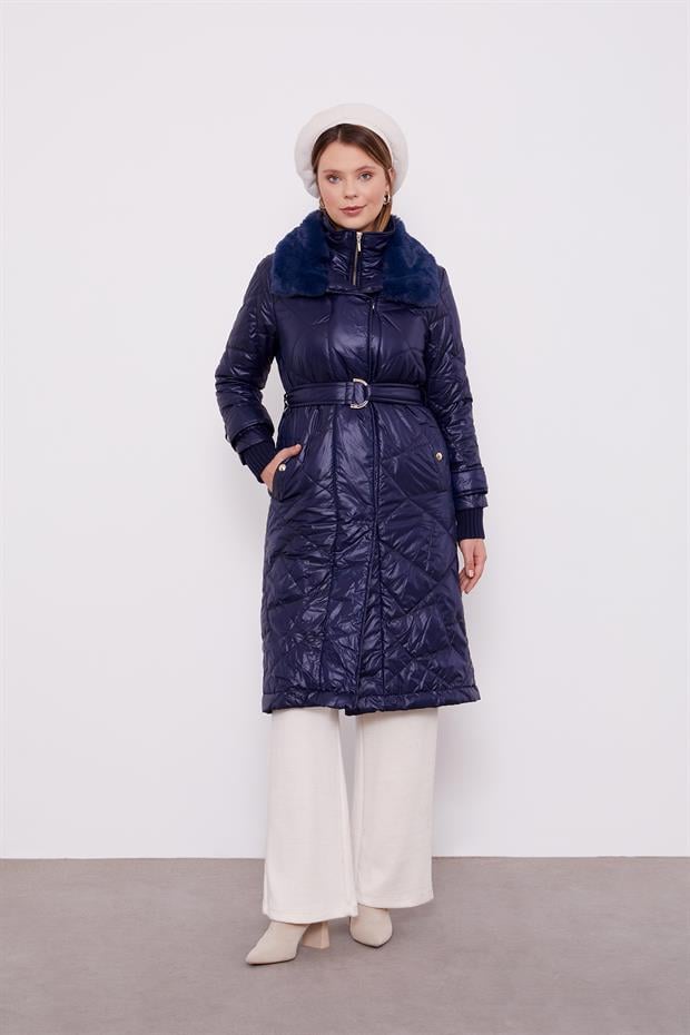 Lacivert Kürk Yakalı Şişme Kapitone Mont