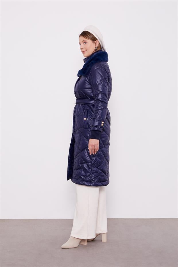 Lacivert Kürk Yakalı Şişme Kapitone Mont