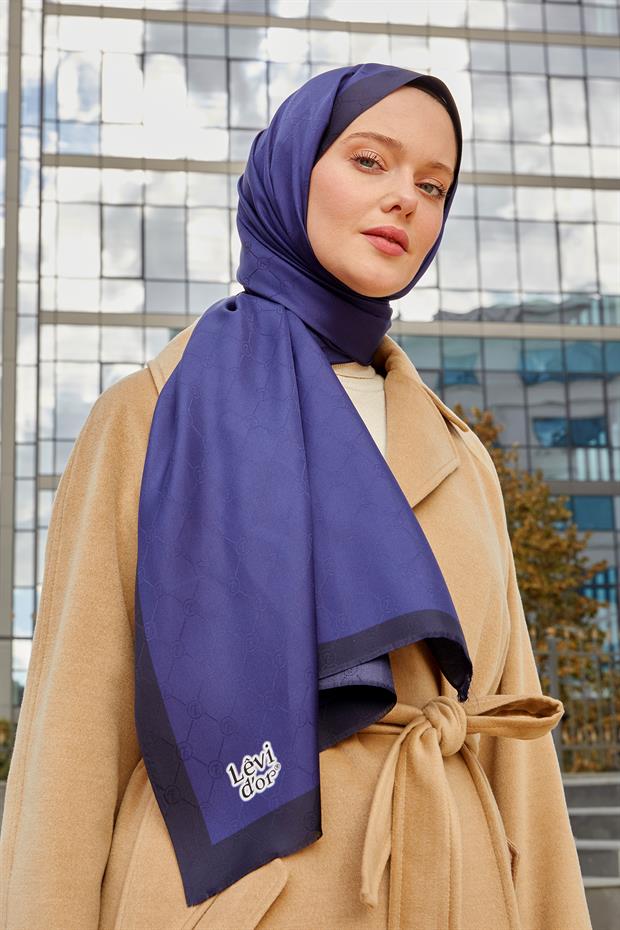 Lacivert Petek Desen Monogram İpek Şal