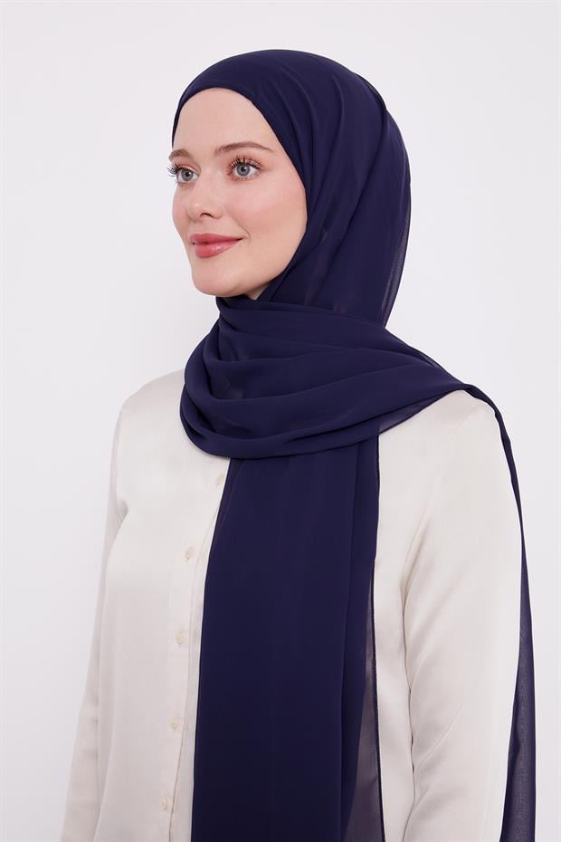 Lacivert Pratik Boneli Şifon Şal