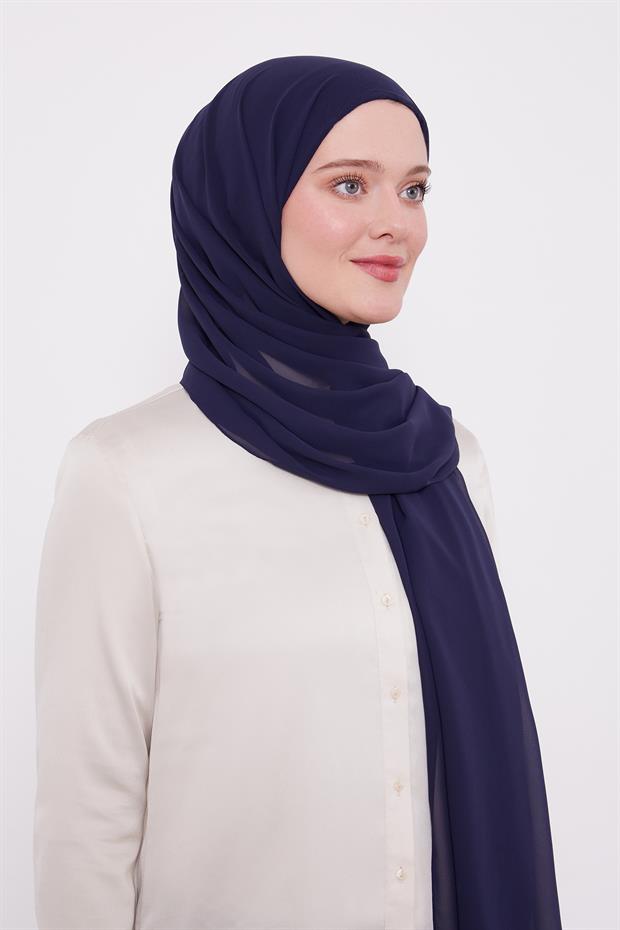 Lacivert Pratik Boneli Şifon Şal