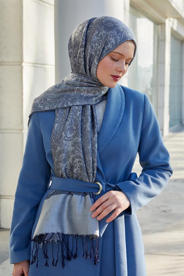 Lacivert Püsküllü Etnik Kaşmir İpek Şal