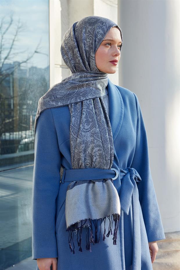 Lacivert Püsküllü Etnik Kaşmir İpek Şal