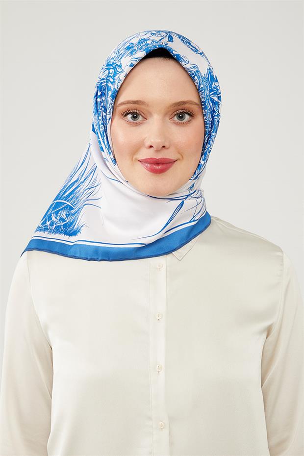 Lacivert Sazlık Desen Trend Twill Eşarp