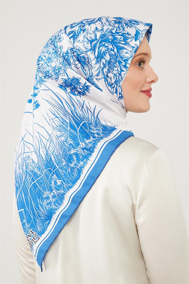 Lacivert Sazlık Desen Trend Twill Eşarp